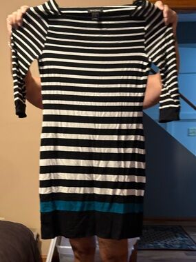 White House Black Market- Women’s Striped & White Boatneck Dress w/Teal Accents
